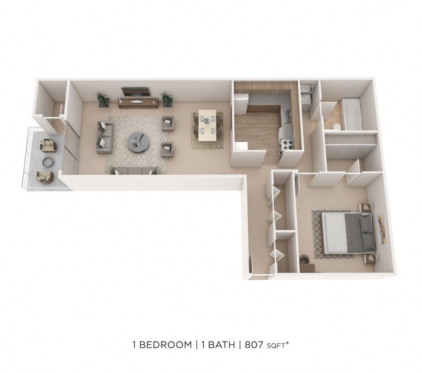 Floor plan for 1 bed, 1 bath, 807 sqft